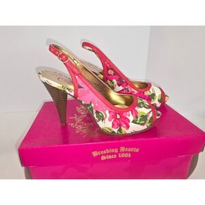 Candies Dorado Pink Floral Slingback Peep Toe Heels Wood Grain Heel Size 7
359